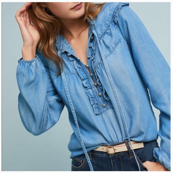 Anthropologie Tops - Anthropologie Maeve Pilcro Chambray Ruffle Blouse Size XS